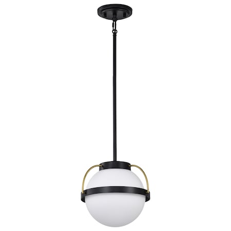 Nuvo Lakeshore 1-Light Small Pendant Matte Black & Natural Brass White Opal Glass 60/7773